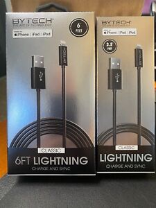 2 Bytech Charge and Sync Cables, 6' & 3.5 ft., Black Brand New Charger