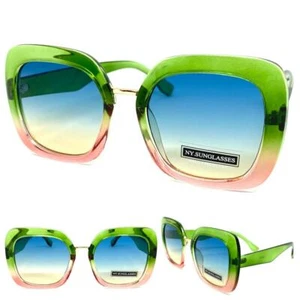 Oversized Classic Vintage Retro Style SUNGLASSES Large Square Green & Pink Frame - Picture 1 of 6