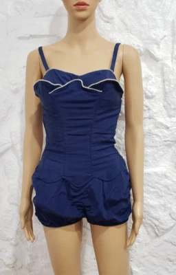 VINTAGE 1950's Blue Ruched Hourglass Bathing Suit Pin Up Pearl Trim Sz 12 / 34 - Image 1 of 4