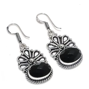 Black Spinel Gemstone Handmade 925 Sterling Silver Jewelry Earring Size 1.5" - Picture 1 of 1
