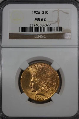 1926 10,00 NGC MS 62 CABEZA INDIA Diez Dólares Libertad Pieza de Oro Foto 1 de 2
