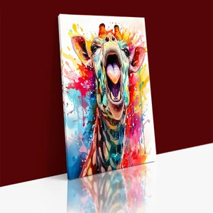 GIRAFFE ZEIGT DIE ZUNGE AQUARELL ABSTRAKT LEINWAND Wandbild Kunstdruck Deko Bild - Bild 1 von 10