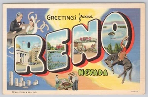 1939 Saludos desde Reno Nevada, postal de lino, juegos de azar, rodeo - Imagen 1 de 3