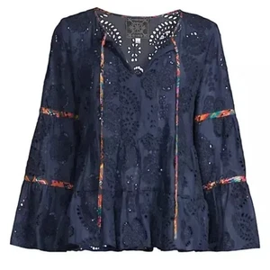 💕$ 420 JOHNNY WAS GRÖSSE MEDIUM TAMARA MARINEBLAU BESTICKTE ÖSEN SEIDENMISCHUNG BLUSE NEU MIT ETIKETT - Bild 1 von 6