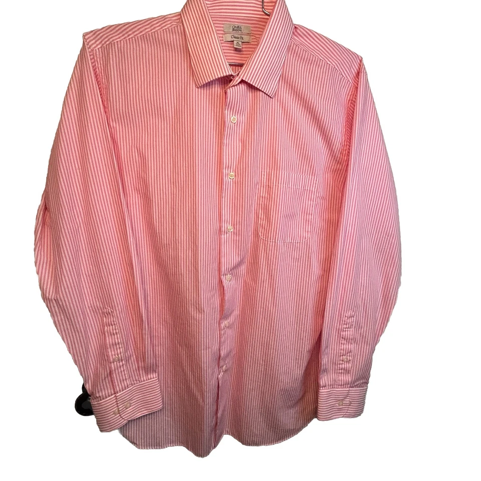 Camisa Croft & Barrow Para Hombres XL 17-17.5 Abotonada Manga Larga Rosa Blanco Rayas Foto 1 de 4