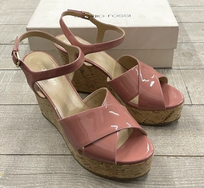 NIB Sergio Rossi Patent Leather Wedge Sandals Cork Sole Sandal Size:40.5/US 10.5 - Image 1 of 4