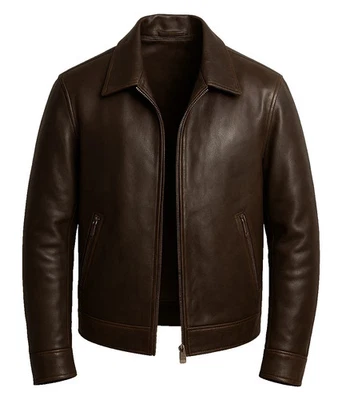 Men’s Brown Genuine Leather Jacket – Classic Bomber Style – Premium Soft Leather - Image 1 of 4