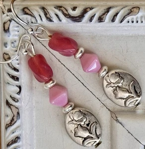 Romantic Etched Silver Rose with Pink Tone Beads Earrings. Bloom - Picture 1 of 4