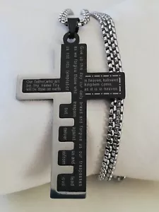 Lords Prayer Cross Necklace Titanium Stainless Steel Pendant New - Picture 1 of 6