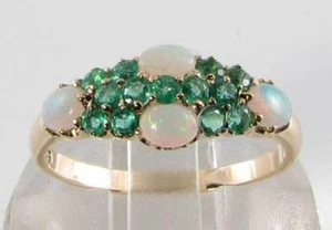 LUSH 9CT 9K GOLD OPAL COLOMBIAN EMERALD ETERNITY ART DECO INS BAND RING Size O - Picture 1 of 5