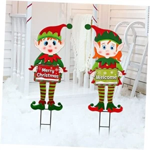 2 Pack Christmas Elf Garden Stakes 3D Large Metal Yard Stake Lawn Welcome - Picture 1 of 8