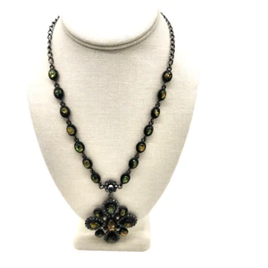 Vintage Gunmetal Pendant Necklace  18 ” with Ext Green Glimmering Statement - Picture 1 of 7