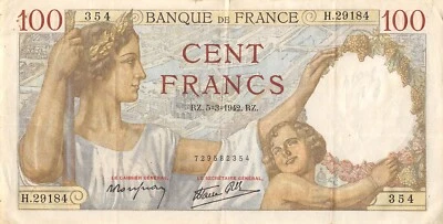 France  100  Francs  5.3.1942  Series  H  Circulated Banknote ESF - Image 1 of 2