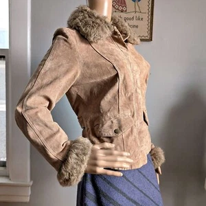 Vintage Y2K Uniform Suede Jacket Faux Fur Collar Cuffs Brown Penny Lane SP - Picture 1 of 16