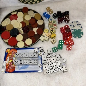 Bakelite Backgammon Chips Various Dice And Chips W/Tin - Picture 1 of 5
