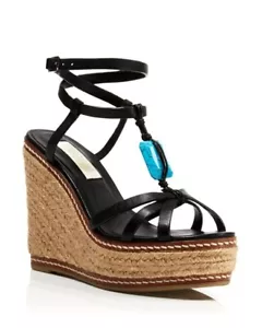 Lauren Ralph Lauren Shana Black Leather Platform Espadrille Wedge Sandals Sz 7.5 - Picture 1 of 8