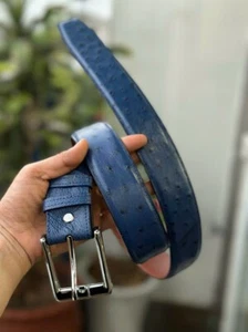 Navy Blue 100% Genuine Ostrich Leather Skin Men's Belt Silver Buckle,Handmade - Picture 1 of 7