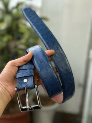 Navy Blue 100% Genuine Ostrich Leather Skin Men's Belt Silver Buckle,Handmade - Image 1 of 4
