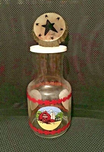 Vintage Old Glass Milk Jug w/ Barn Farm Scene Metal Star Cut Lid Farmhouse Decor - Picture 1 of 9