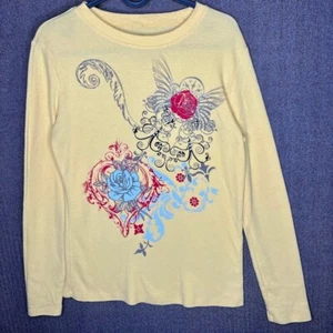 FRZ Tshirt Youth XL Yellow Grunge Hearts Roses Wings Y2k Graphic Print Longsleev - Picture 1 of 8