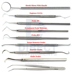 9 Pieces Professional Examination Kit Sickle Dental Explorer Perio Probe Mirror - Picture 1 of 10