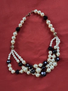 3 Strand Beaded Necklace Black White Gold Plastic Beads - Picture 1 of 4