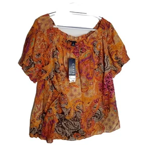 Chaps Top Women's 3X On/ Off Shoulder Purple Pink Orange Brown Paisley New - Picture 1 of 7