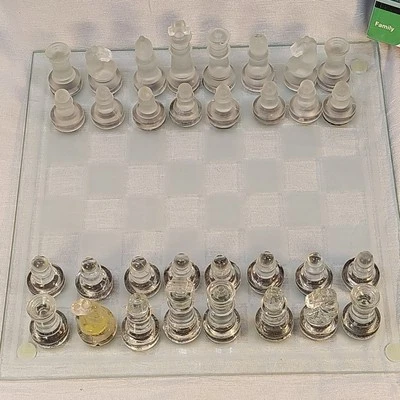Cardinal Glass Chess & Checkers Set Board Clear & Frosted Pieces Box 2.5" King - Image 1 of 4