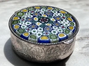 Vintage Murano Trinket Pill  Box Millefiori Multi-Color Glass Top Silver Case - Picture 1 of 15