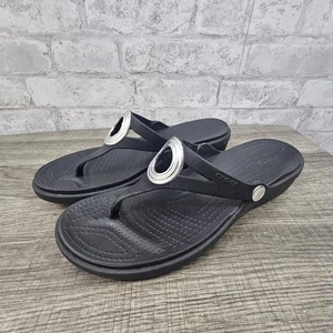 Womens Crocs Dual Comfort Sanrah Black Metallic Circle Thong Sandals Size 9 - Picture 1 of 8