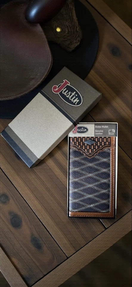 Justin Rodeo Wallet Genuine Leather Geometric Pattern Brown Aztec Long Wallet - Image 1 of 4