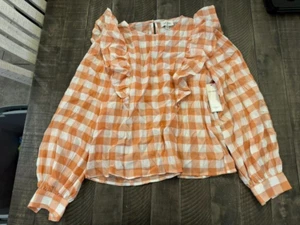 Aura Women's Medium Round Neck Orange Plaid Long Sleeve Ruffle Top Blouse NWOT - Picture 1 of 3