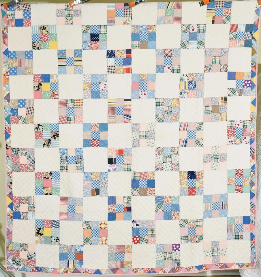 CHEERY Vintage 30's Nine Patch Antique Quilt ~Nice Sawtooth Border! - Image 1 of 4