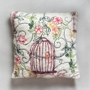 Anthropologie Throw Pillow Embroidered Birdcage Floral Design Fluffy White Decor - Picture 1 of 2