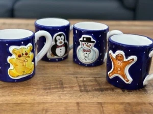 Starbucks Sberna Deruta Italy Blue Handpainted Christmas Ceramic Mugs Lot of 4 - Picture 1 of 11