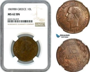 AI072, Greece, George I, 10 Lepta 1869 BB, Strasbourg Mint, Large BB, NGC MS62BN - Picture 1 of 1