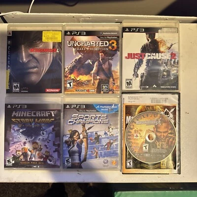 6 PS3 Games All Used, 1 New. Metal Gear Solid 4, Just Cause 2, Uncharted 3  - Image 1 of 4