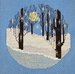 Finished Cross Stitch Moonlit Snowy Winter Forest Snowflakes Falling 8.5" Square - Picture 1 of 3