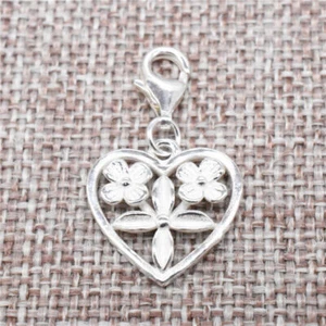 925 Sterling Silver Flower Heart Dangle Clip On Charm Lobster Clasp for Bracelet - Bild 1 von 5