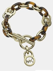 Michael Kors MK Bracelet Gold Tone Tortoise Shell links Toggle closure NEW !! - Picture 1 of 8
