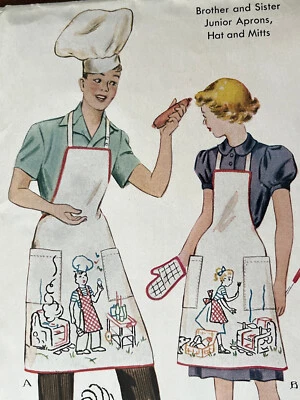 SEW CUTE Vtg 1950 McCall Pattern 1598 JR. BBQ Apron Hat Mitt Embroidery Transfer - Image 1 of 4