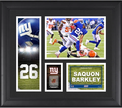 Saquon Barkley NY Giants Frmd 15" x 17" Player Collage with a Piece of GU Ball Cover