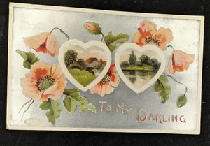 Antique Postcard "To My Darling" Hearts Scene Inside Pink Flowers Silver Posted - Picture 1 of 5