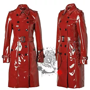 Women Glossy Red PVC Vinyl Military Coat Ladies Trench Victorian Double Brest Co - Picture 1 of 3
