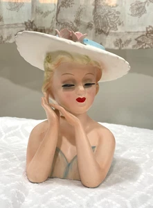 VTG Lefton Lady Head Vase w Pink Roses and Dress Lashes Intact # 2900, Sticker - Picture 1 of 17