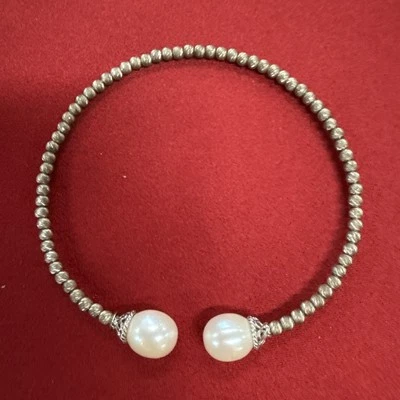 Sterling Silver 925 IPS Pearl Diamond Cut Bead Bypass Flex Bangle Bracelet 3” - Image 1 of 4
