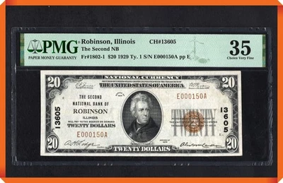 KC- Fr.1802-1 1929 $20 2nd NB of Robinson , IL #13605 - Choice VF 35 PMG - Image 1 of 3