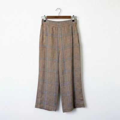 WITCHERY 100% Linen Pants Size 6 Wide Leg Culottes High Rise Plaid Check Beige  - image 1 of 4