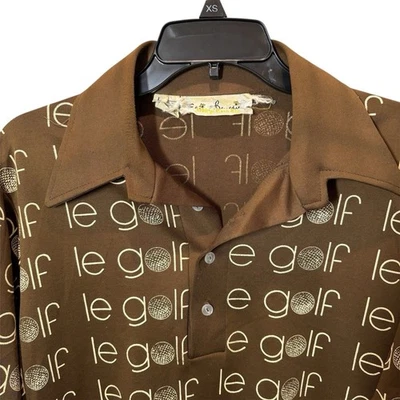 Camisa de golf ajustada vintage años 70 LE GOLF marrón ELAINE BENEDICT para hombre con cuello en L Foto 1 de 4