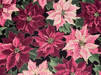 Por 1/2 yarda Vintage Rosa Flor de Pascua con Oro sobre Tela Cranston Negra Navidad Foto 1 de 4